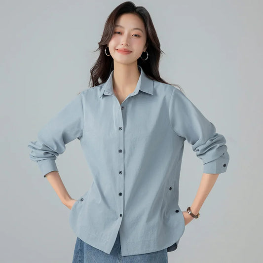 Close-up lapel kraag en knoopsluiting top dames blauw – Brunelle