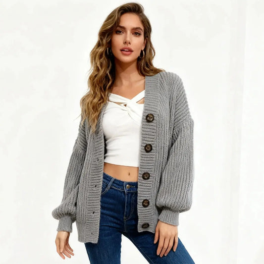 Vooraanzicht oversized gebreide cardigan Sanne grijs – Brunelle
