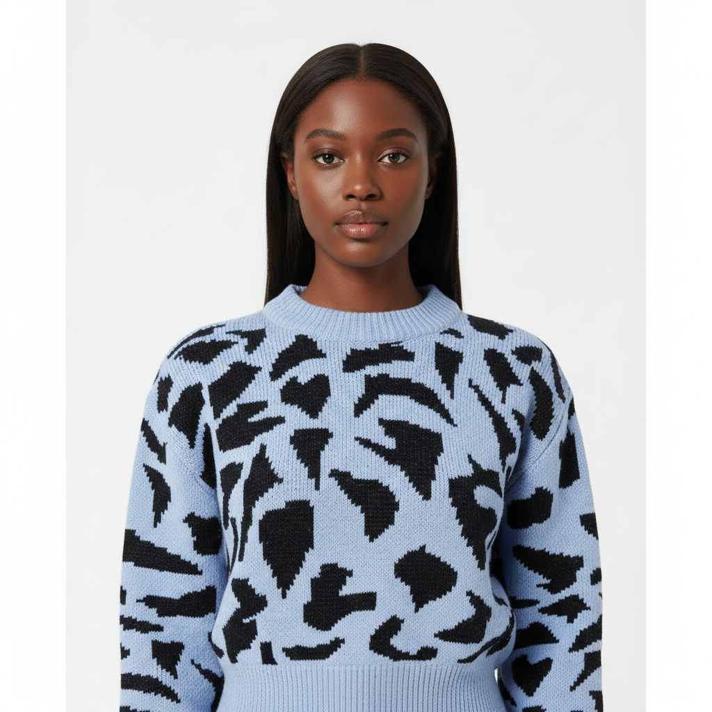 Close-up breisel en print detail trui luipaardprint blauw – ronde hals