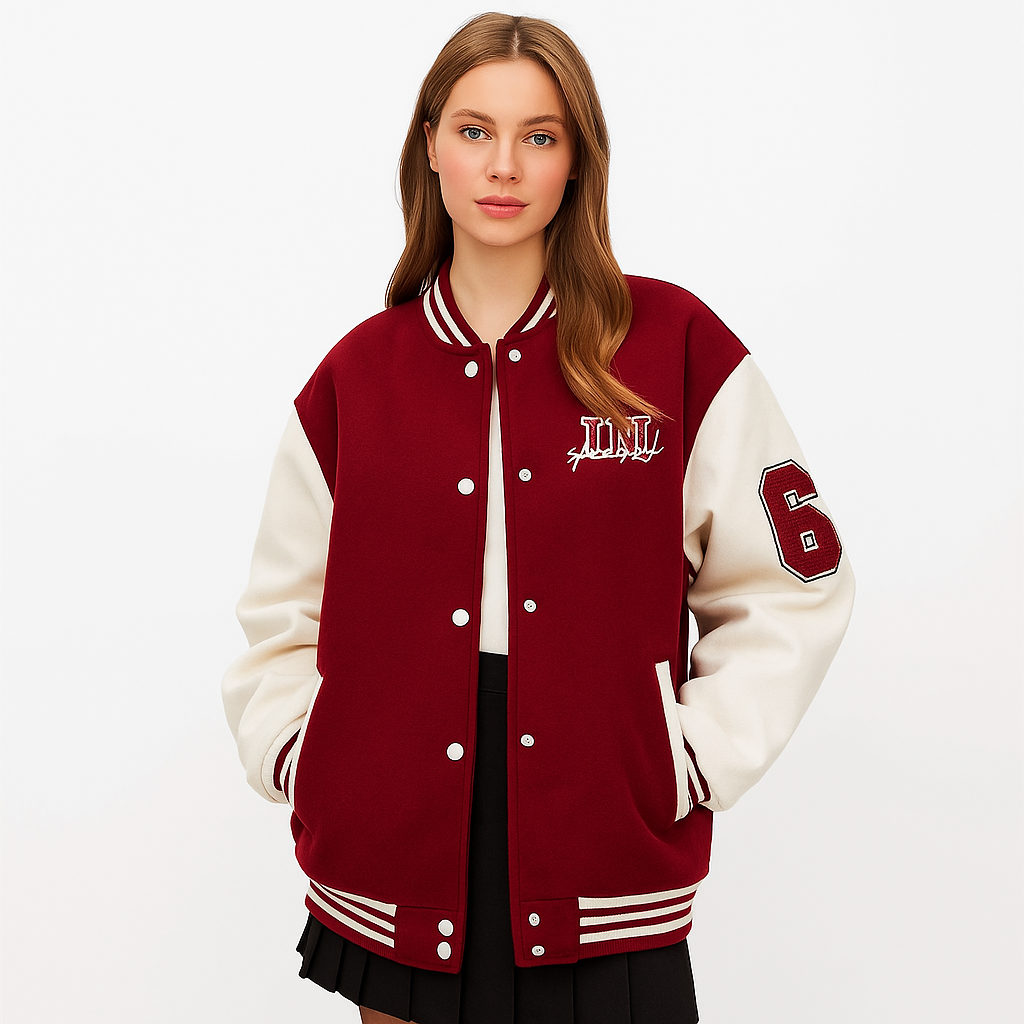 Varsity Bomber Jacket dames rouge-rood – vooraanzicht – Brunelle