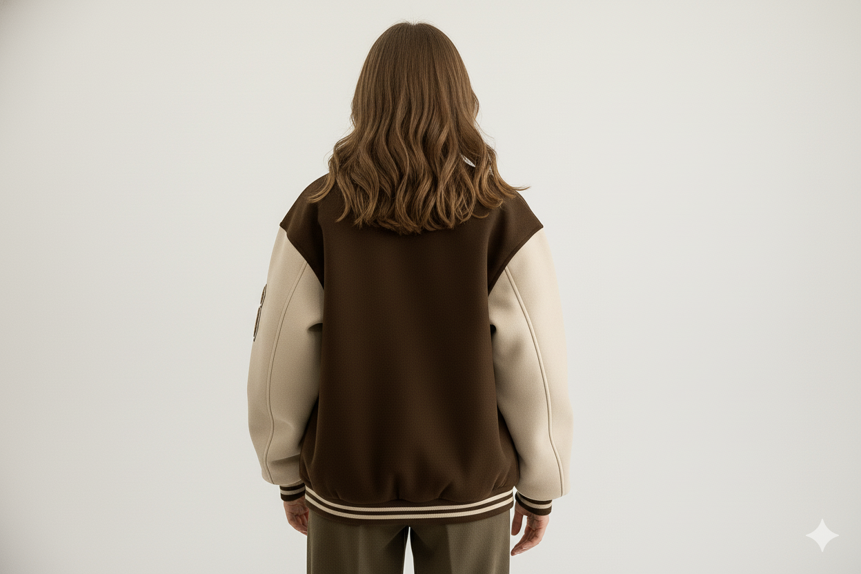 Varsity Bomber Jacket dames rouge-bruin – achteraanzicht – Brunelle