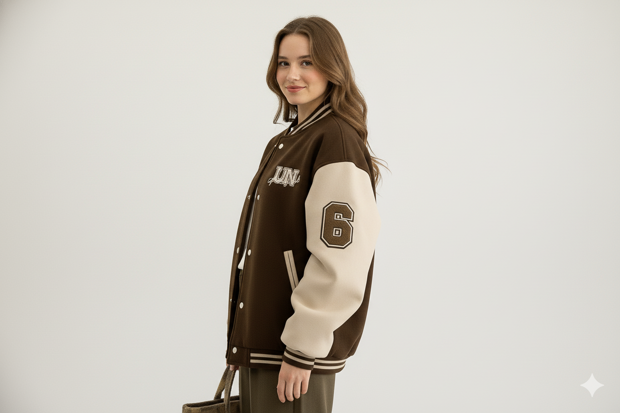 Varsity Bomber Jacket dames rouge-bruin – zijaanzicht links – Brunelle