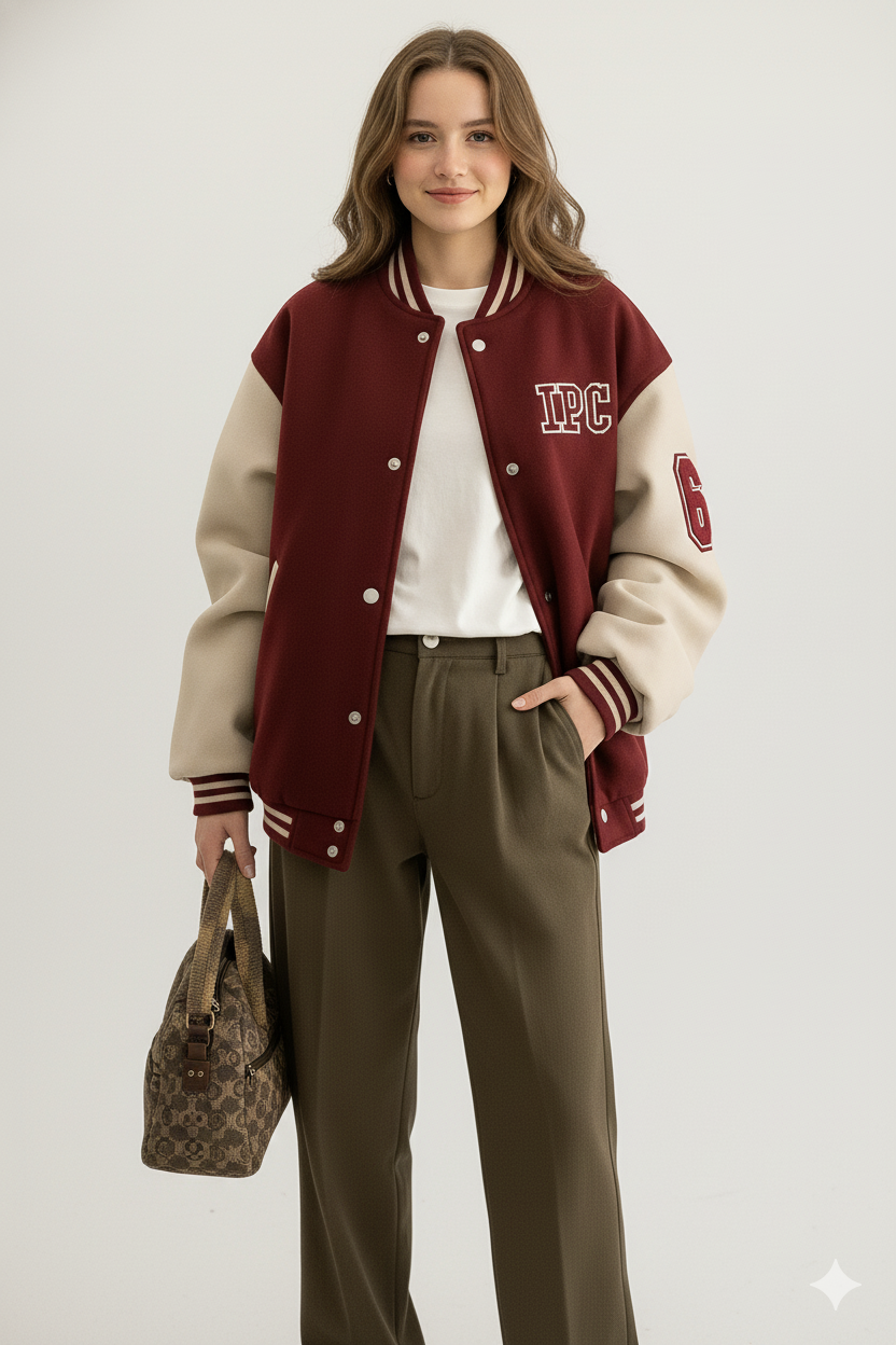 Varsity Bomber Jacket dames rouge-rood – vooraanzicht relaxte pose – Brunelle