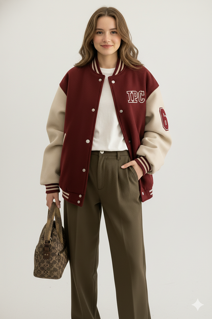 Varsity Bomber Jacket dames rouge-rood – vooraanzicht relaxte pose – Brunelle