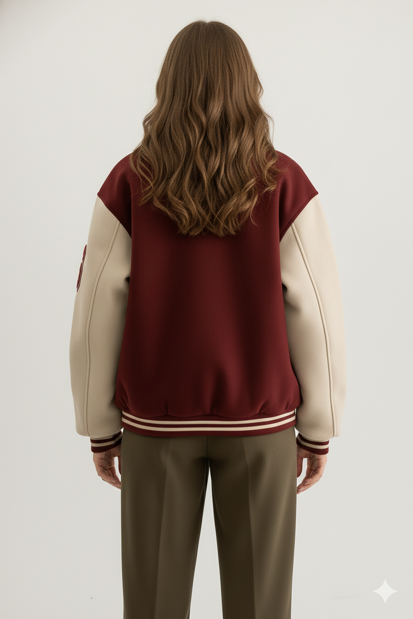 Varsity Bomber Jacket dames rouge-rood – achteraanzicht – Brunelle