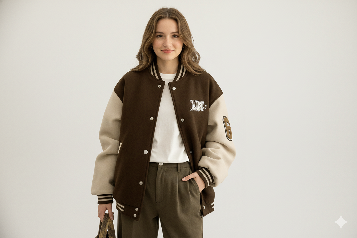 Varsity Bomber Jacket dames rouge-bruin – vooraanzicht – Brunelle