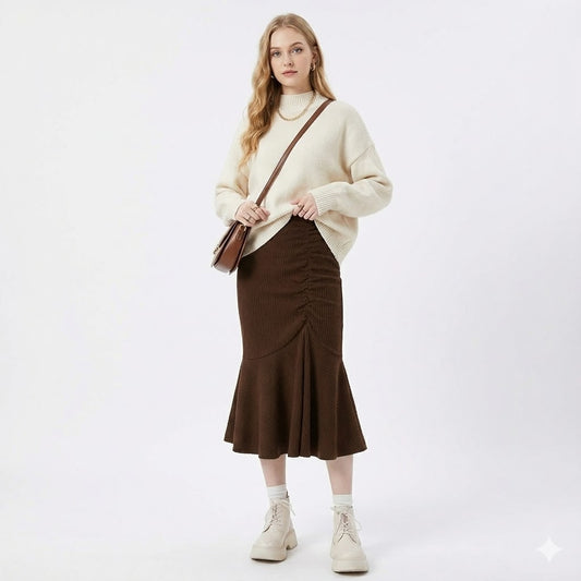Sofie – Sexy Split Midi Rok in Bruin